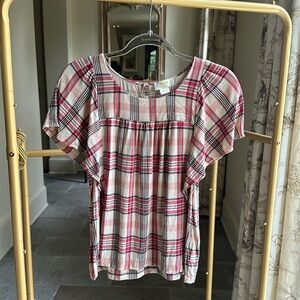Anthropologie Pink and White Plaid Flutter Sleeve Top